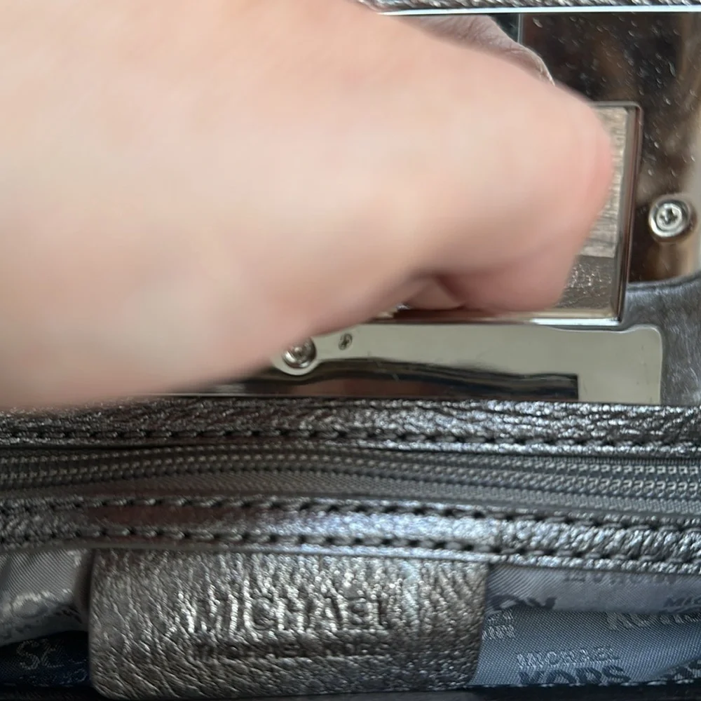 MICHAEL Michael Kors Metallic Grey Leather Top Handle Frame Clutch